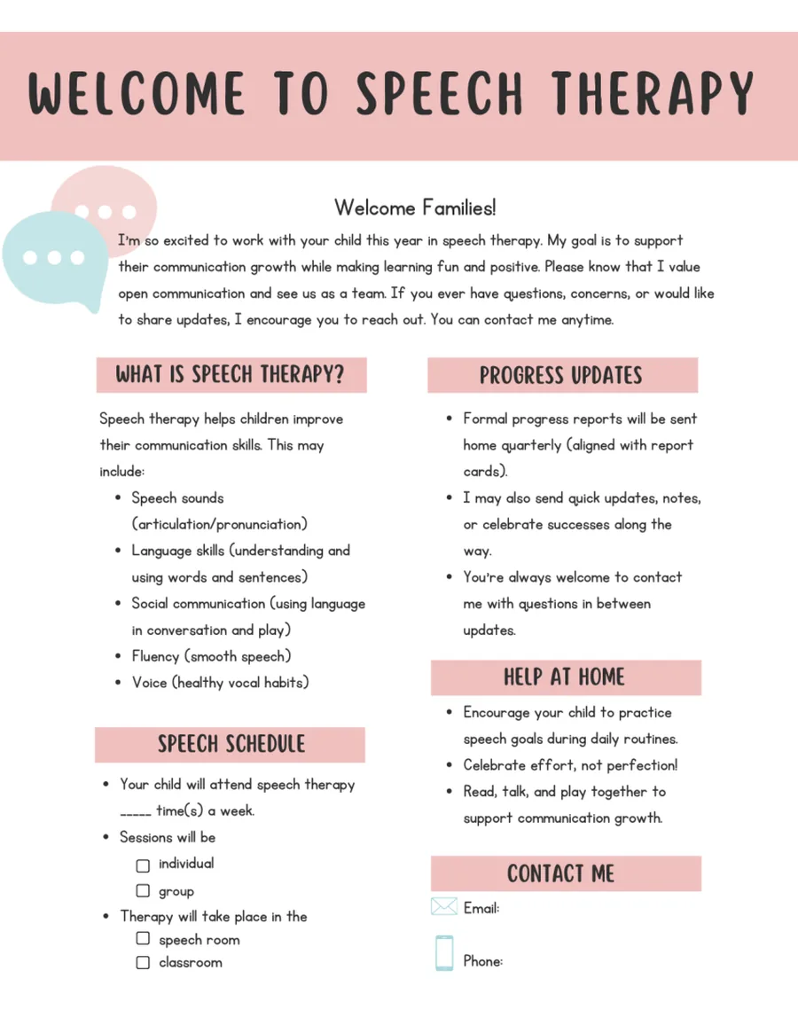 Black-and-white parent letter covering what speech therapy is and help at home.