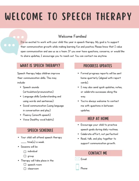 Black-and-white parent letter covering what speech therapy is and help at home.
