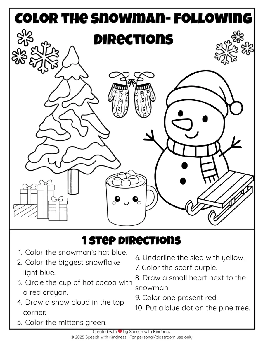 Black-and-white three-step directions page over a snowman scene.