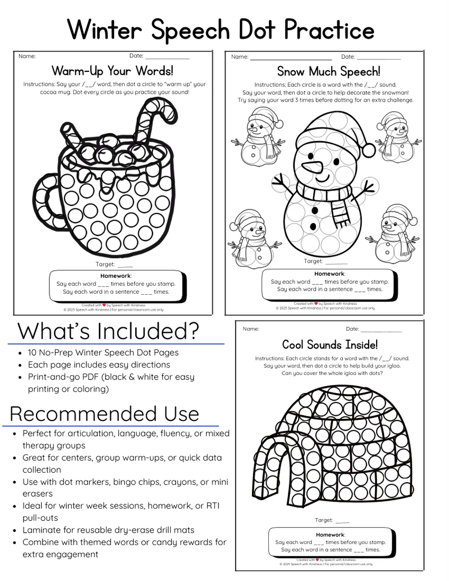 Black-and-white dot page, dot circles to add snow to a tree.