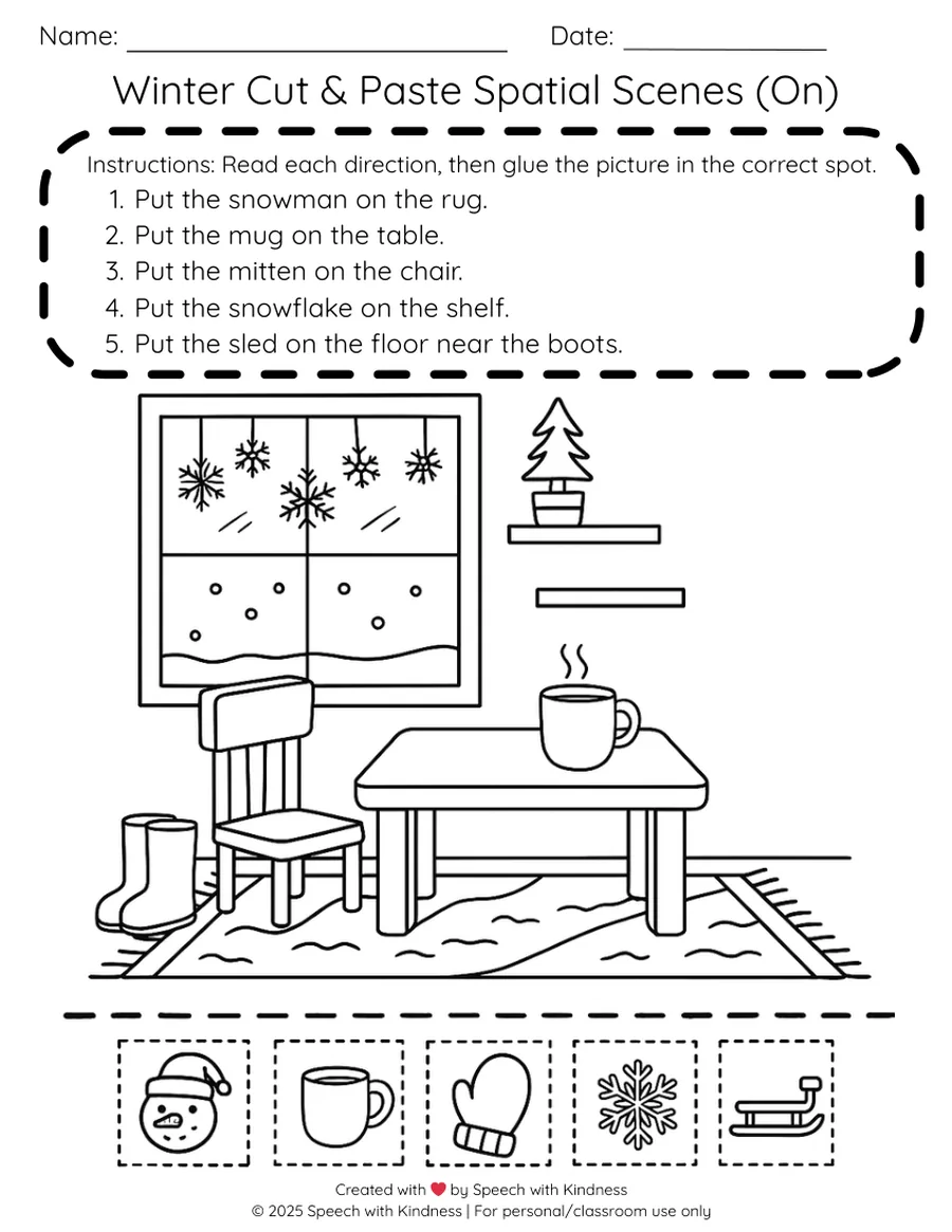 Black-and-white cut-and-paste scene, place a snowman and sled above window furniture.