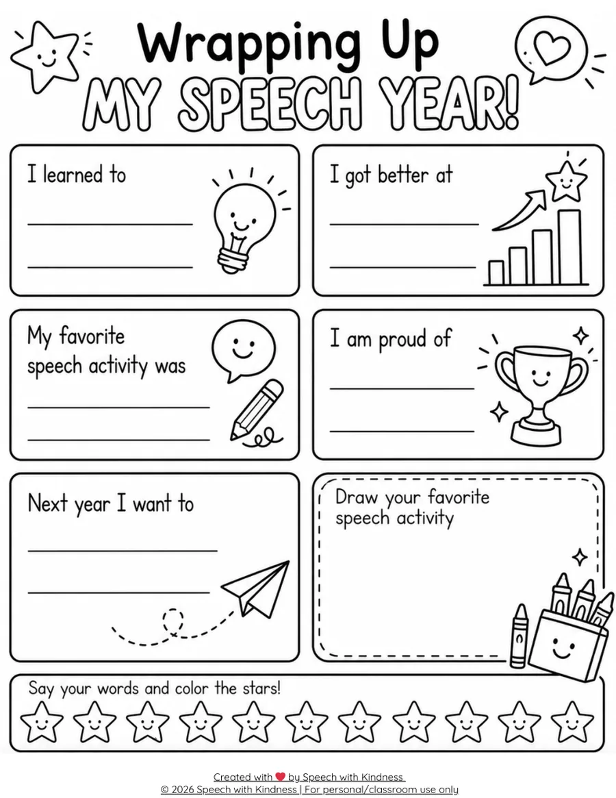 Black-and-white end-of-year reflection page with six prompt boxes.