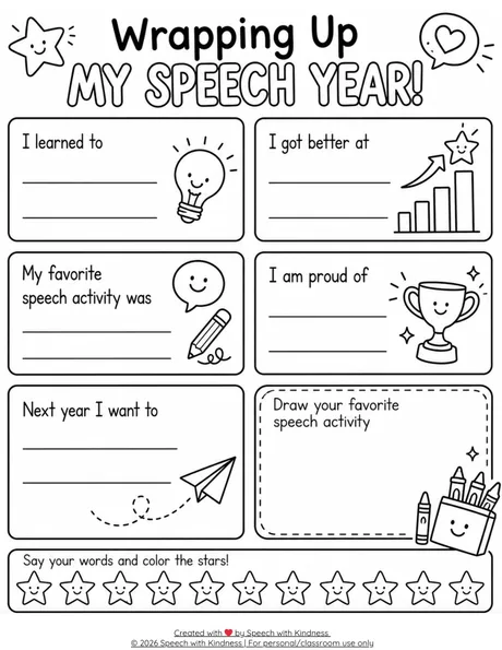 Black-and-white end-of-year reflection page with six prompt boxes.