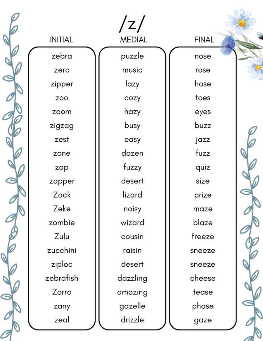 Black-and-white word list for /z/ in initial, medial and final position.