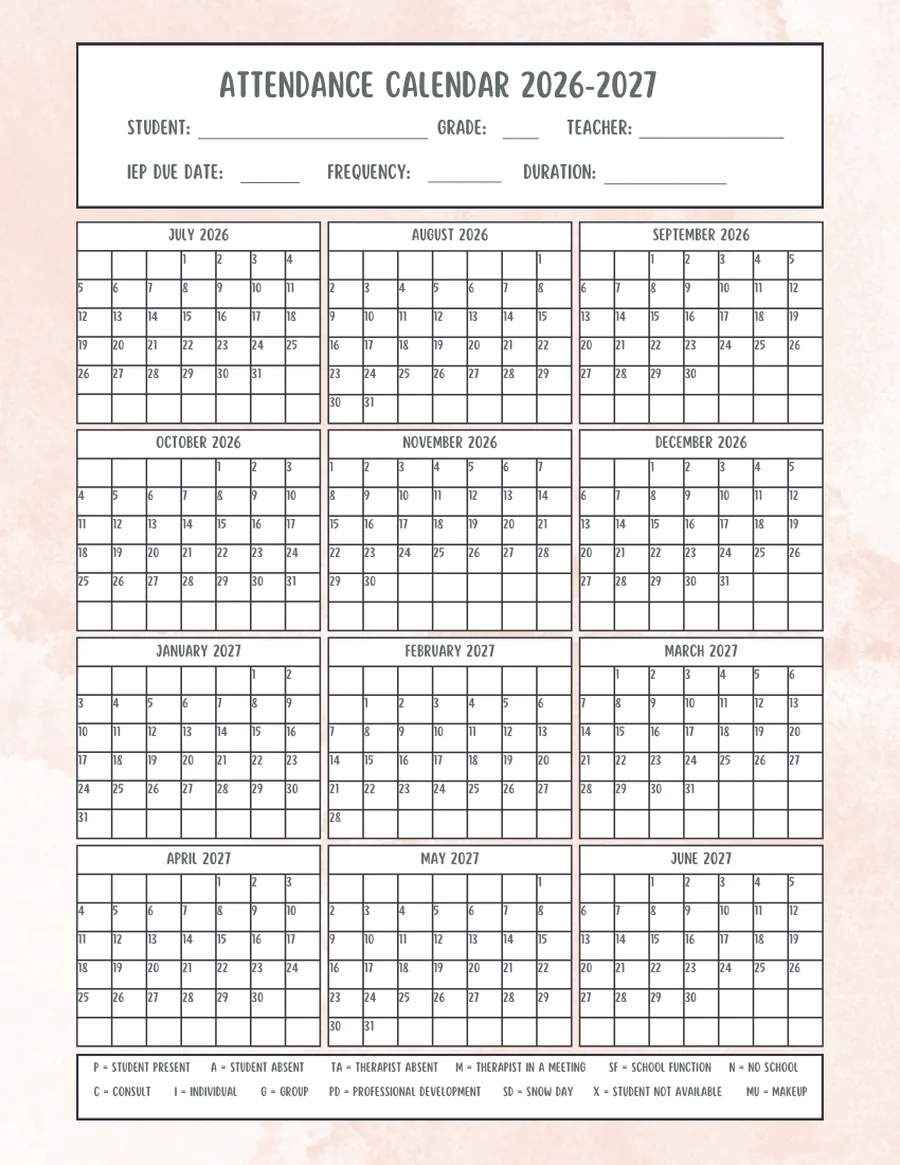 Black-and-white 2026 to 2027 attendance grid, the whole year on one sheet.