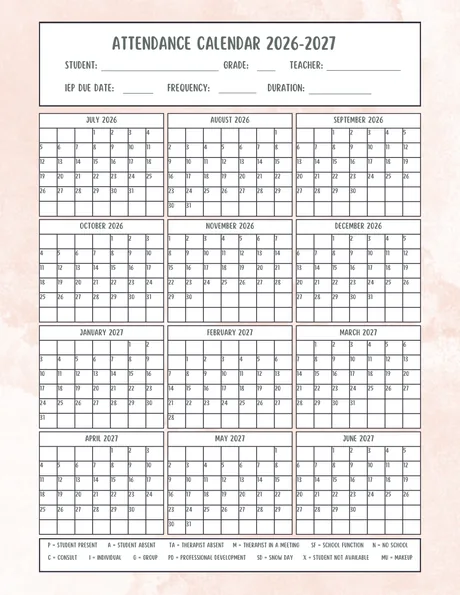 Black-and-white 2026 to 2027 attendance grid, the whole year on one sheet.