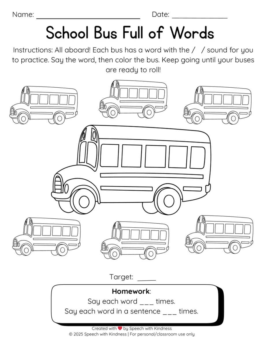 Black-and-white page, say a word for each school bus then colour it.