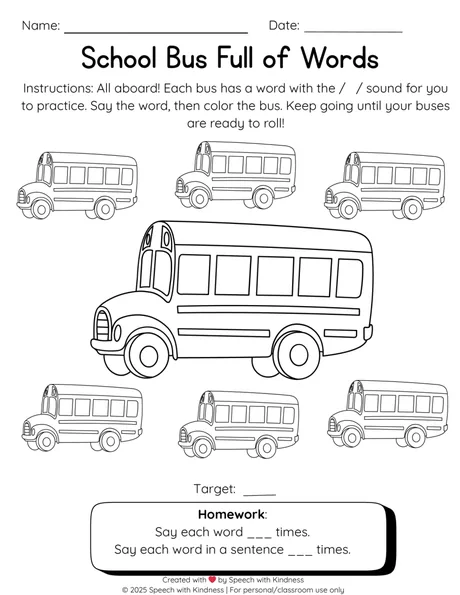 Black-and-white page, say a word for each school bus then colour it.