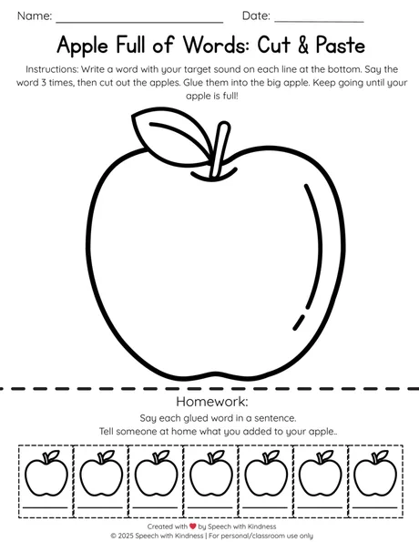 Black-and-white cut-and-paste page, glue target words onto a large apple.