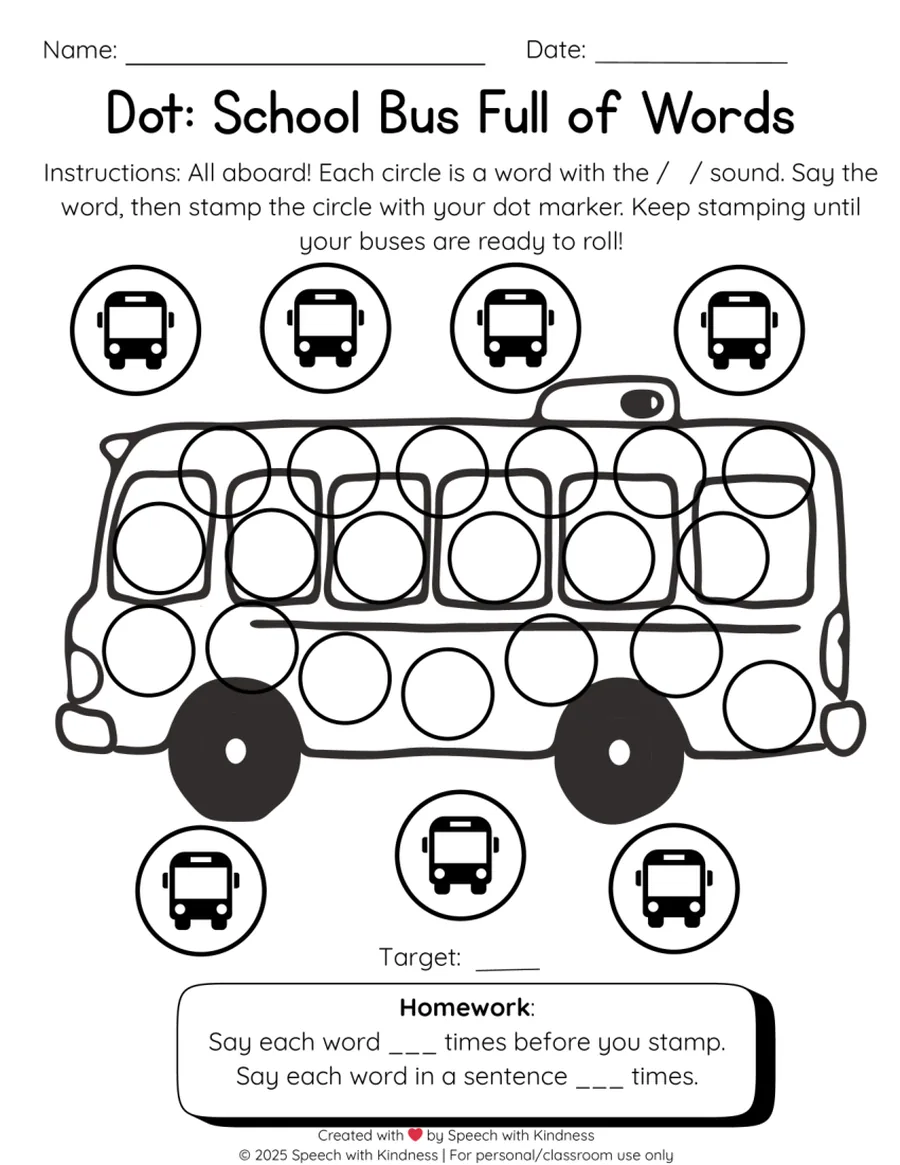 Black-and-white dot page, stamp a circle on each school bus per production.