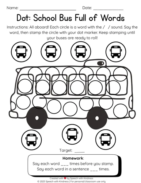 Black-and-white dot page, stamp a circle on each school bus per production.