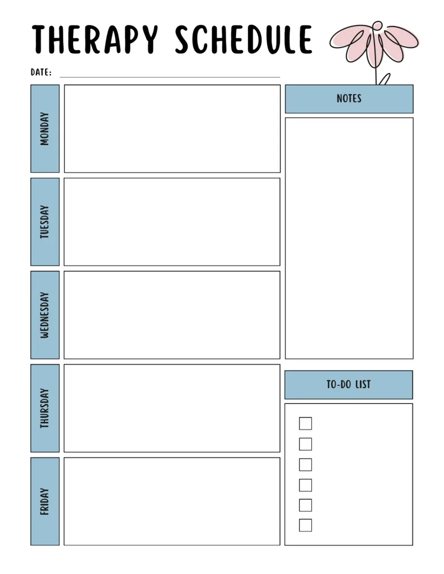 Black-and-white weekly therapy schedule with a notes column and a to-do list.