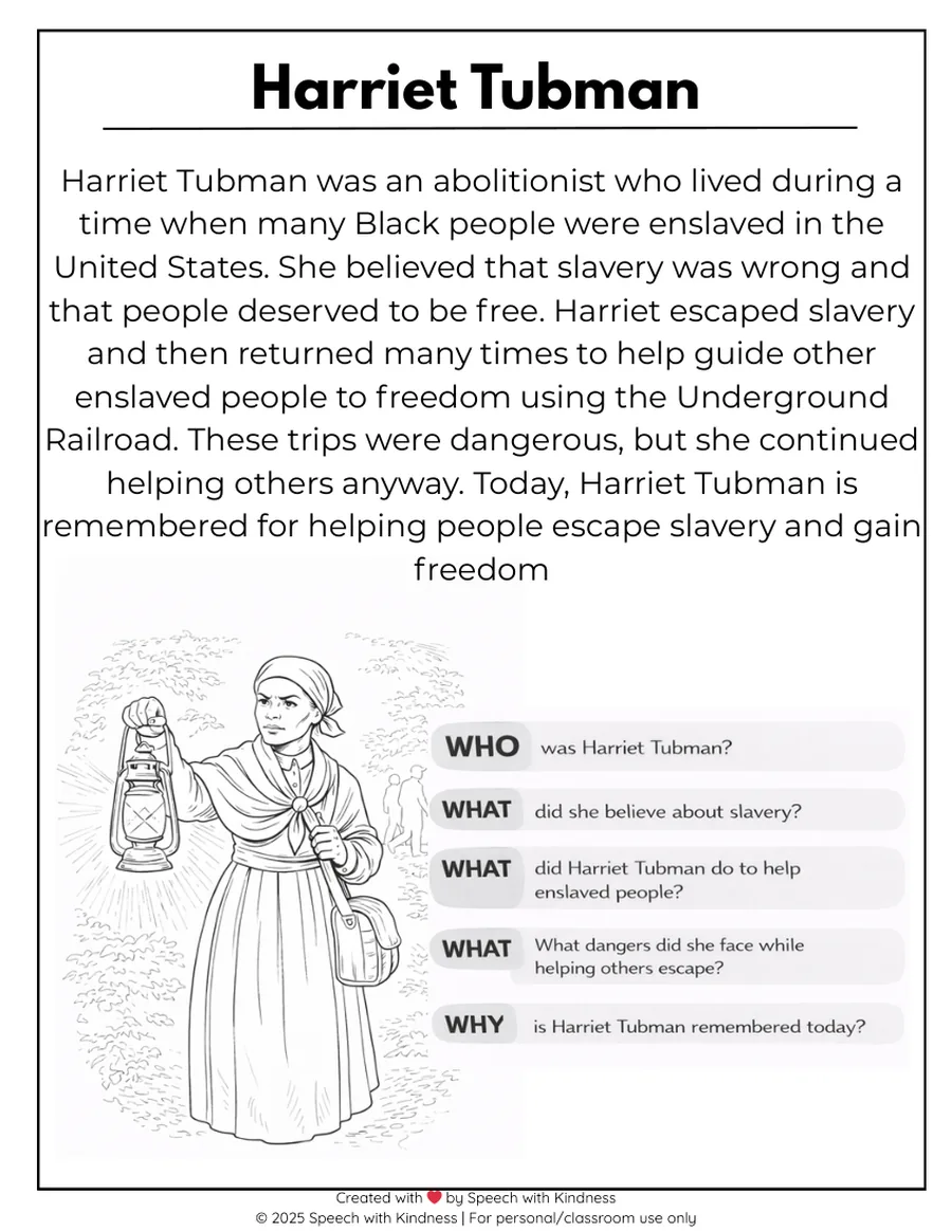Black-and-white passage on Harriet Tubman with who, what and why questions.