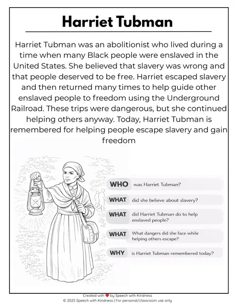 Black-and-white passage on Harriet Tubman with who, what and why questions.