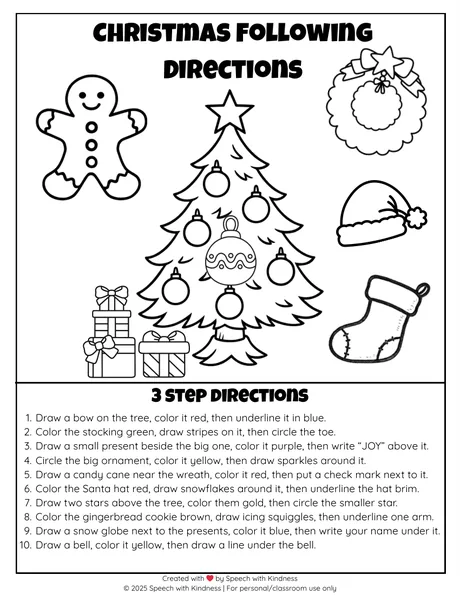 Black-and-white three-step directions page over a Christmas tree scene.
