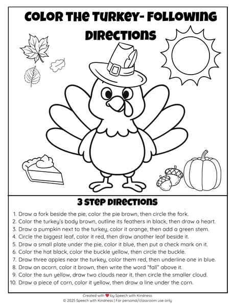 Black-and-white three-step directions page over a turkey scene.