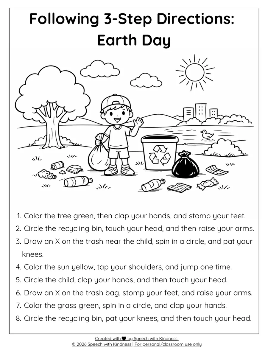 Black-and-white three-step directions page over a litter-pickup scene.