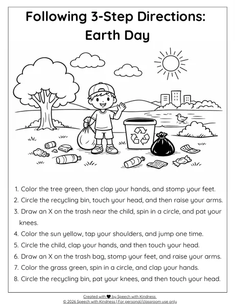 Black-and-white three-step directions page over a litter-pickup scene.