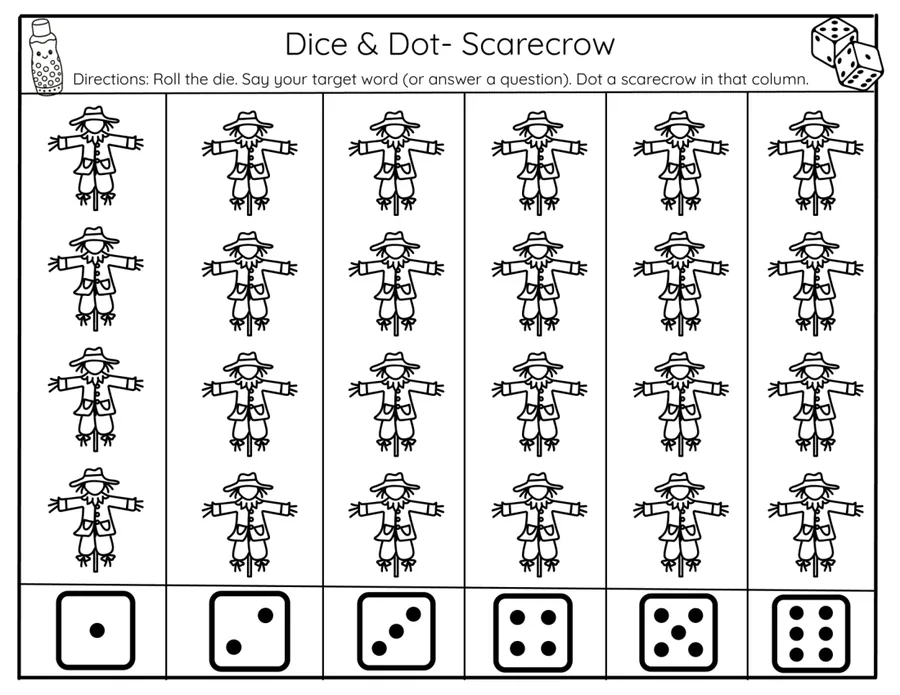 Black-and-white dice-and-dot grid, roll then dot a scarecrow in that column.