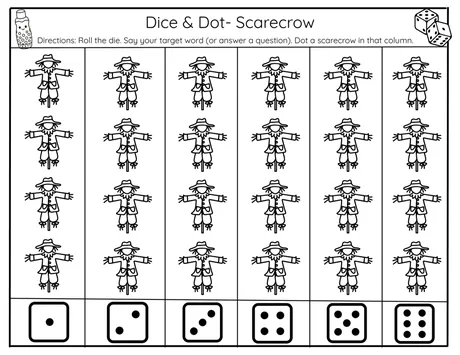 Black-and-white dice-and-dot grid, roll then dot a scarecrow in that column.
