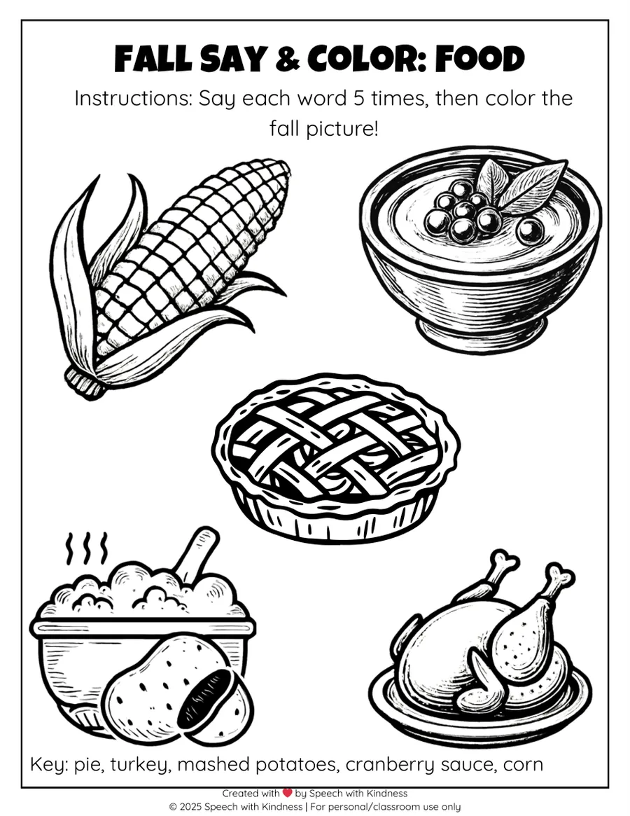 Black-and-white page, say each food word five times then colour the picture.