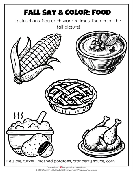 Black-and-white page, say each food word five times then colour the picture.