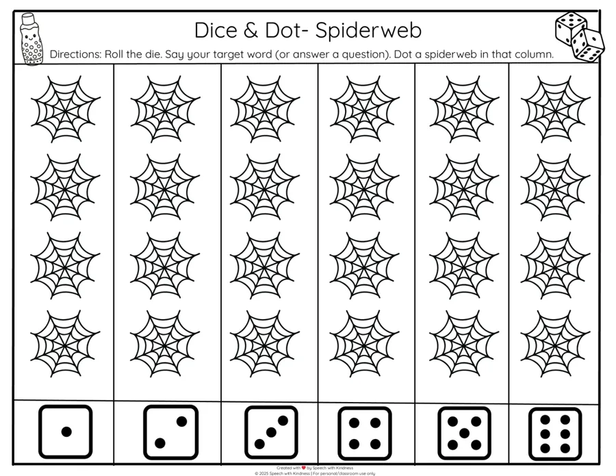 Black-and-white dice-and-dot grid, roll then dot a spiderweb in that column.