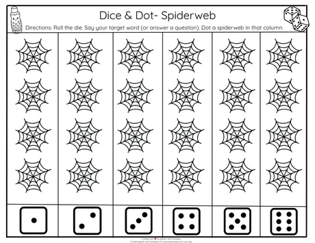 Black-and-white dice-and-dot grid, roll then dot a spiderweb in that column.