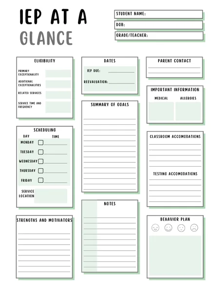 Black-and-white one-page student snapshot: eligibility, dates, goals and accommodations.