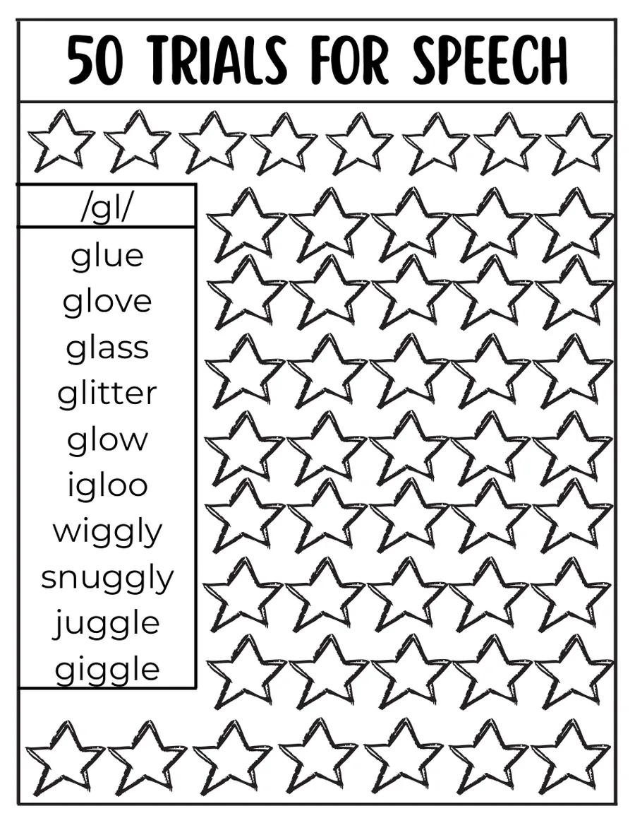 Black-and-white fifty-trial star grid for /gl/ words.