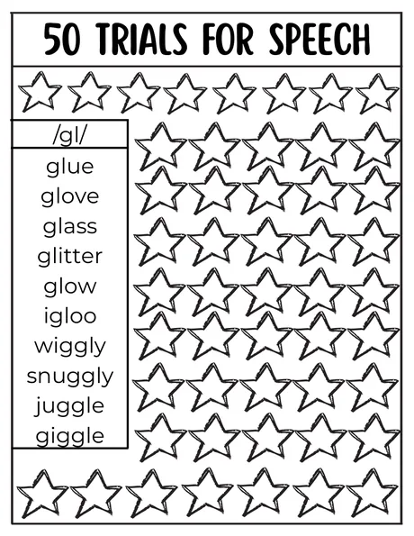 Black-and-white fifty-trial star grid for /gl/ words.