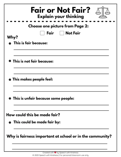 Black-and-white explain-your-thinking page with sentence frames about fairness.