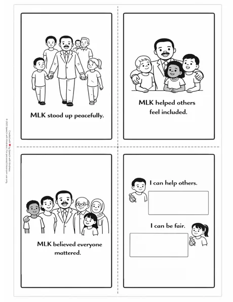 Black-and-white four-panel mini book with one short sentence per picture.
