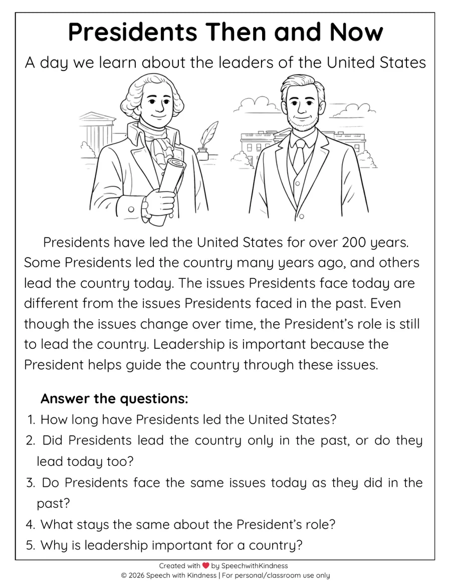 Black-and-white passage on presidents then and now with five comprehension questions.