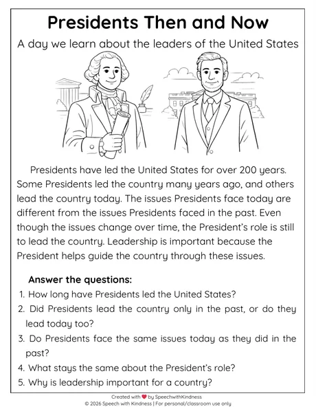 Black-and-white passage on presidents then and now with five comprehension questions.