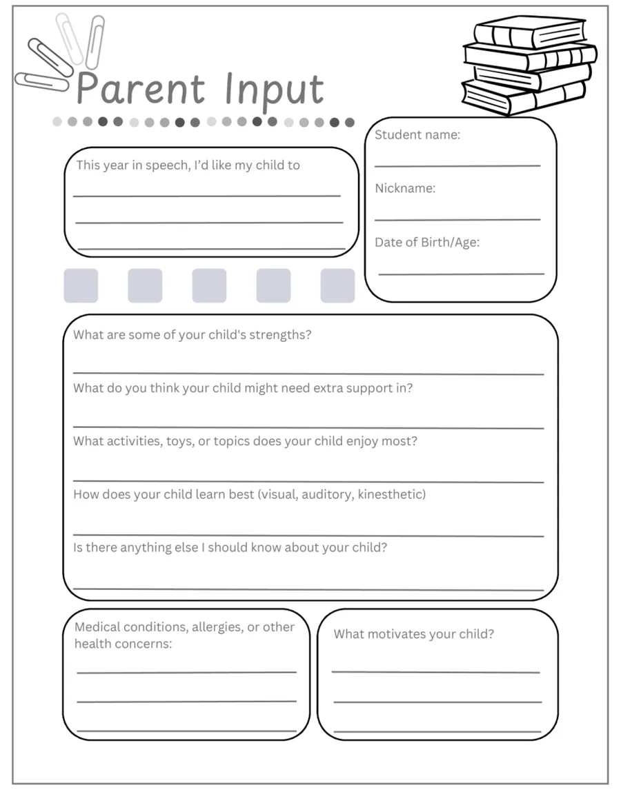 Black-and-white parent input form asking about strengths, interests and learning style.