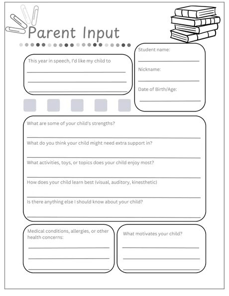 Black-and-white parent input form asking about strengths, interests and learning style.