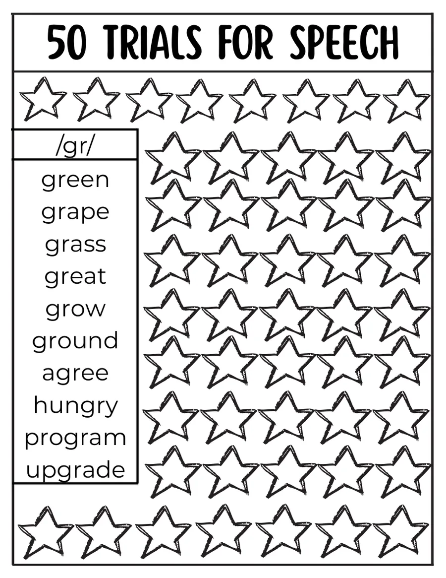 Black-and-white fifty-trial star grid for /gr/ words.