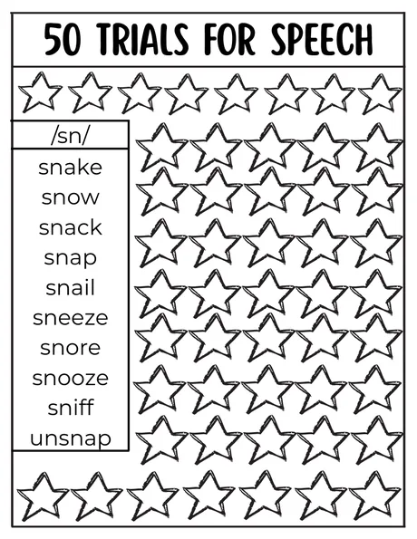 Black-and-white fifty-trial star grid for /sn/ words.