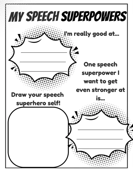 Black-and-white worksheet, comic-burst panels for strengths and a goal.
