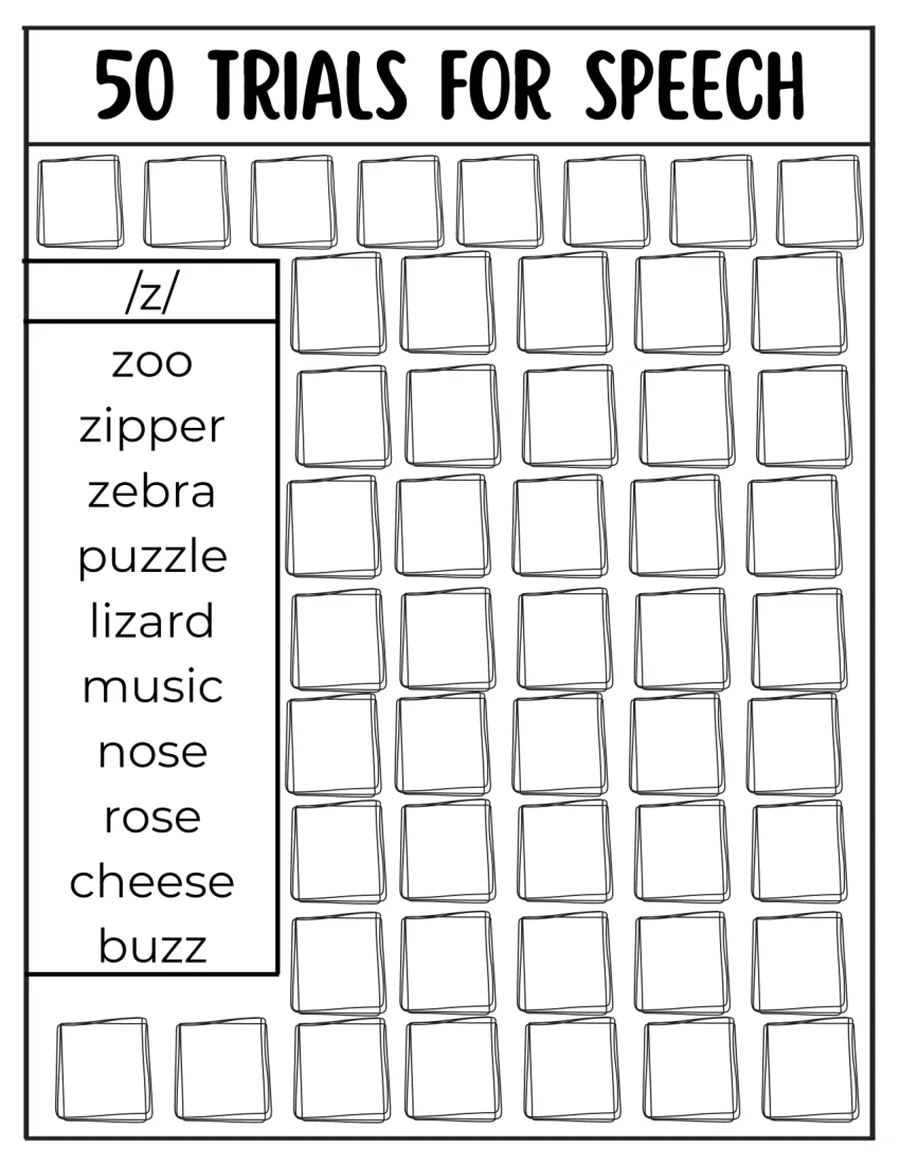 Black-and-white fifty-trial tracking grid for /z/ words.