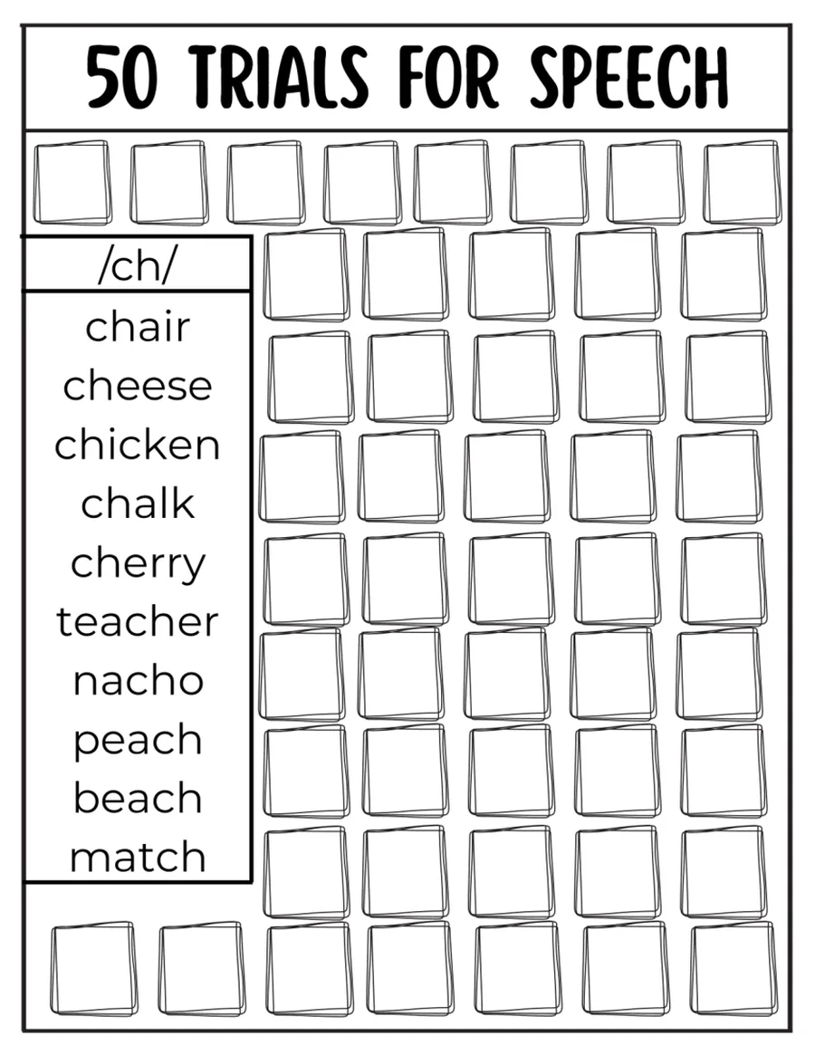 Black-and-white fifty-trial tracking grid for /ch/ words.