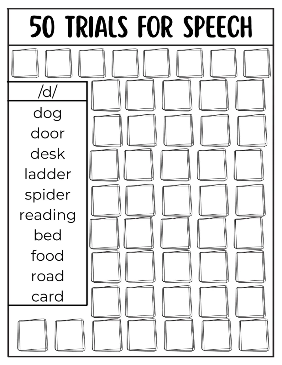 Black-and-white fifty-trial tracking grid for /d/ words.