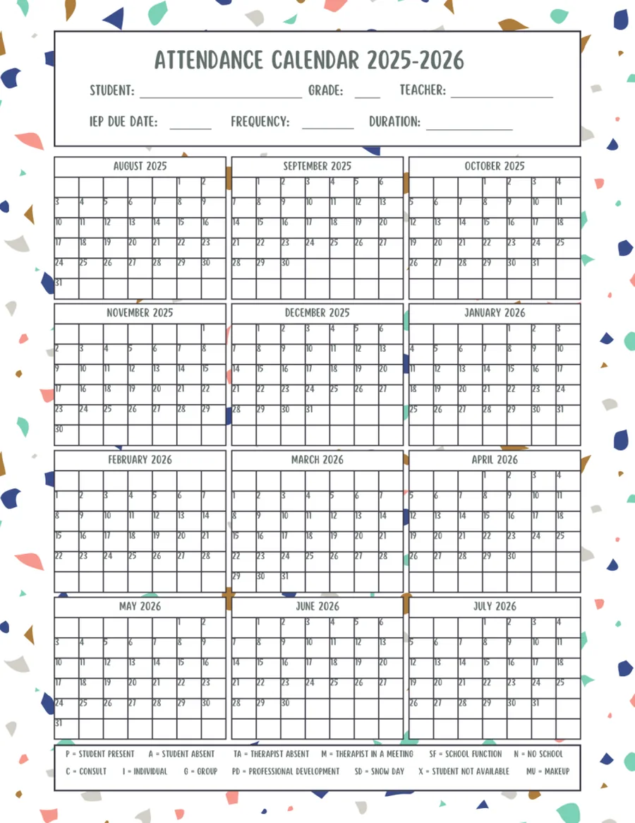 Black-and-white 2025 to 2026 attendance grid with a colour-coded key.