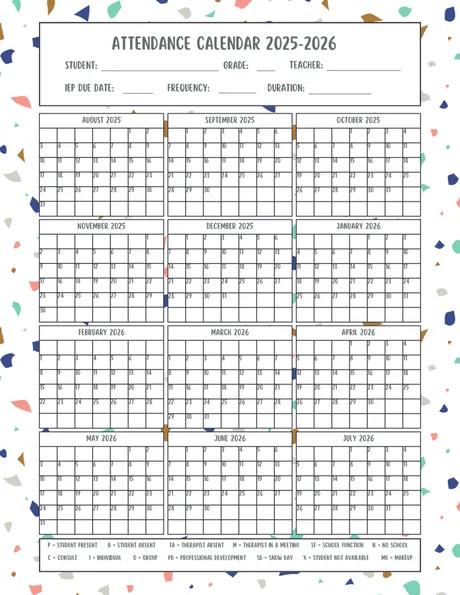 Black-and-white 2025 to 2026 attendance grid with a colour-coded key.