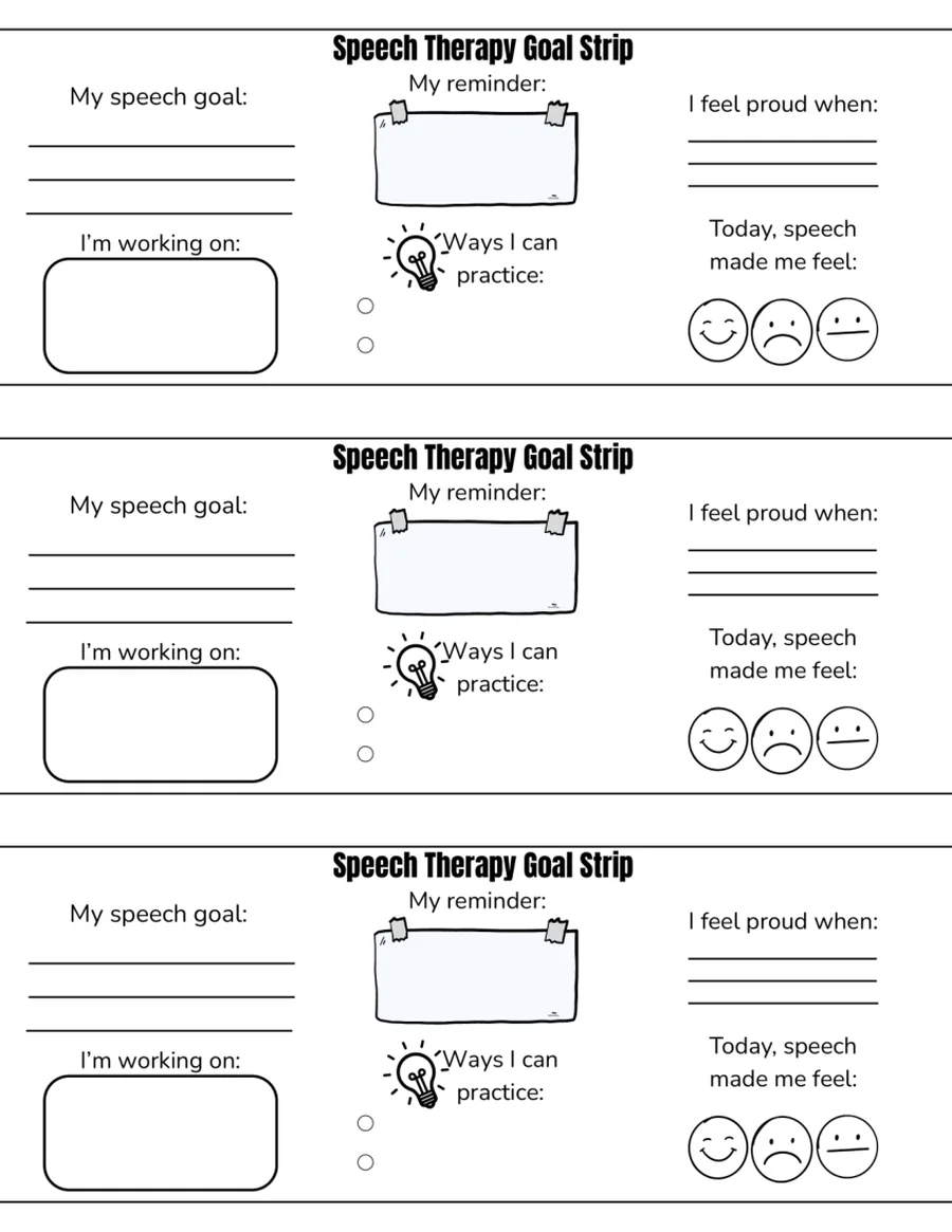Black-and-white goal strips with a practice reminder and a feelings scale.