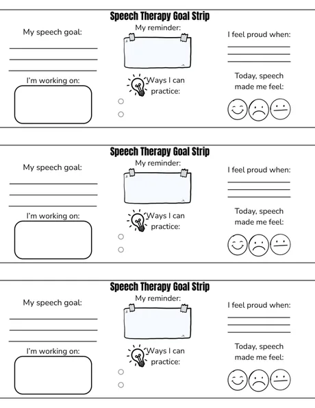 Black-and-white goal strips with a practice reminder and a feelings scale.