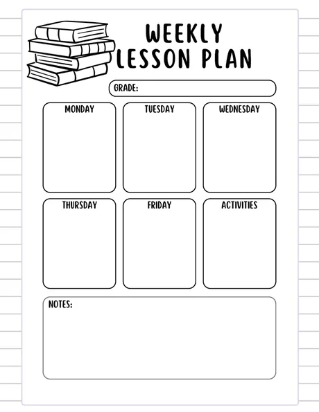 Black-and-white weekly lesson plan grid, Monday to Friday with a notes panel.