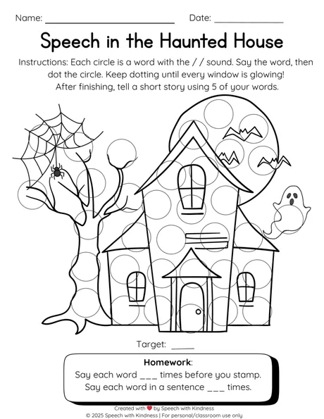 Black-and-white dot page, dot each window of a haunted house per production.