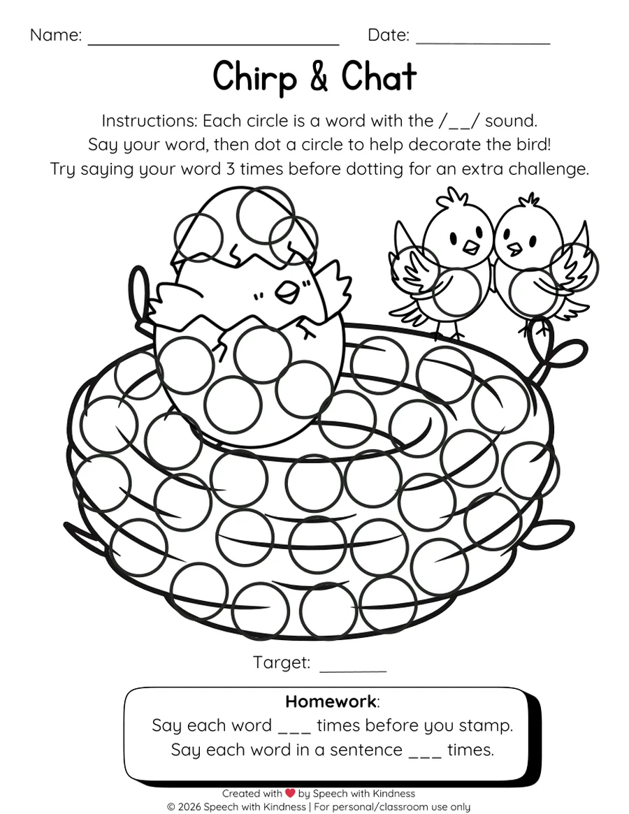 Black-and-white dot page, dot circles to decorate a bird and its nest.